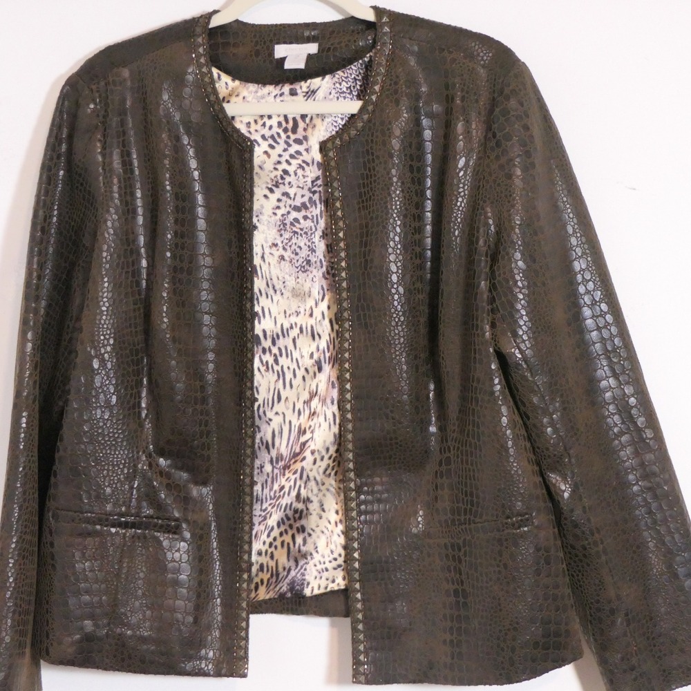 Chicos Womens Jacket 2 Brown Reptile Embossed Beaded Mob Wife Textured Evening